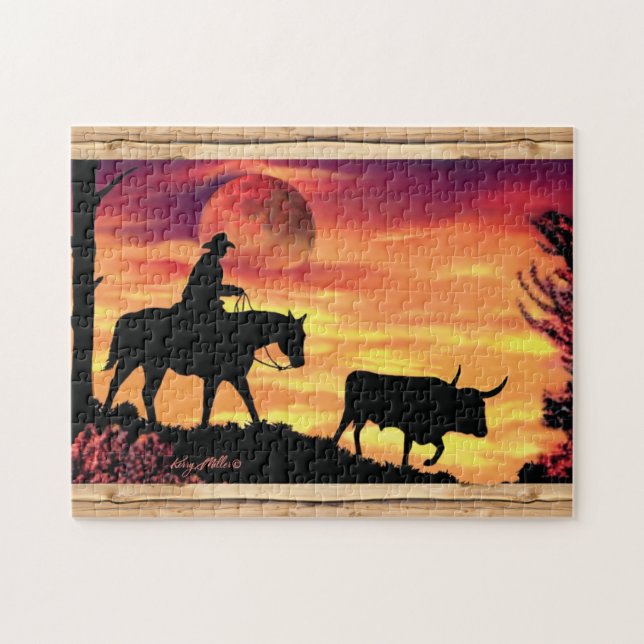 Cowboy Et Longhorn Steer Jigsaw Puzzle (Horizontal)