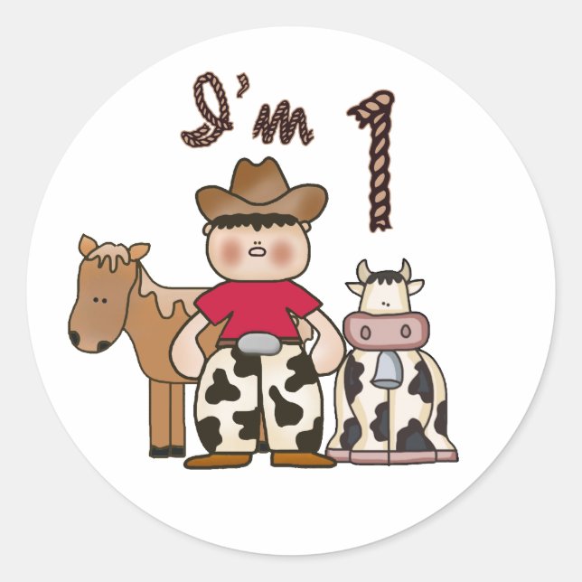 Cowboy  First Birthday Classic Round Sticker (Front)