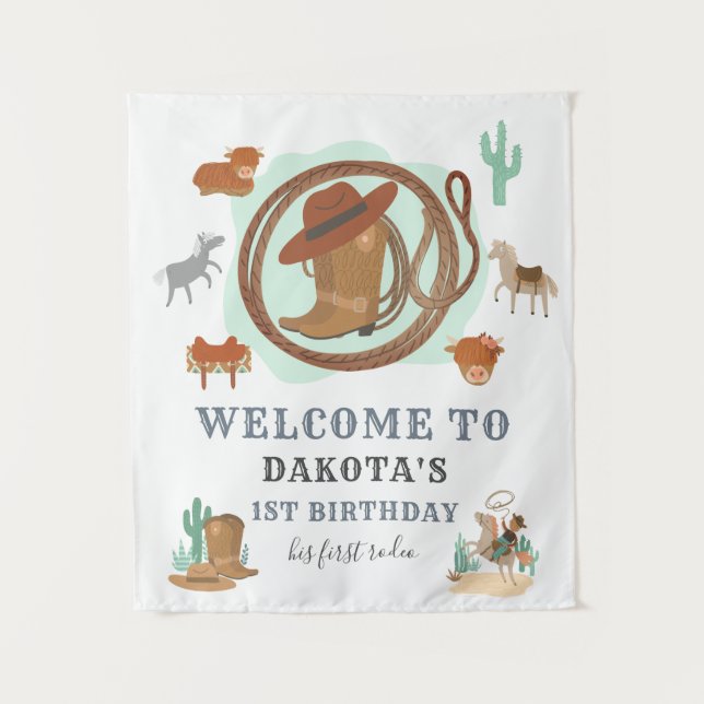 Cowboy First Birthday Party Welcome Tapestry (Front)
