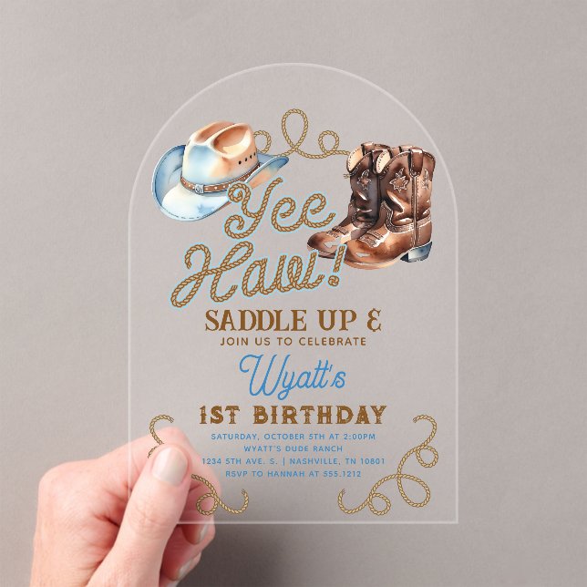 Cowboy First Rodeo 1st Birthday Acrylic Invitations (Insitu (Handheld))