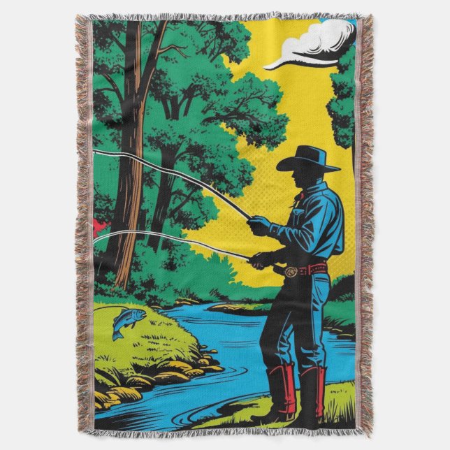 Cowboy Fisherman on River Bank  Throw Blanket (Front Vertical)