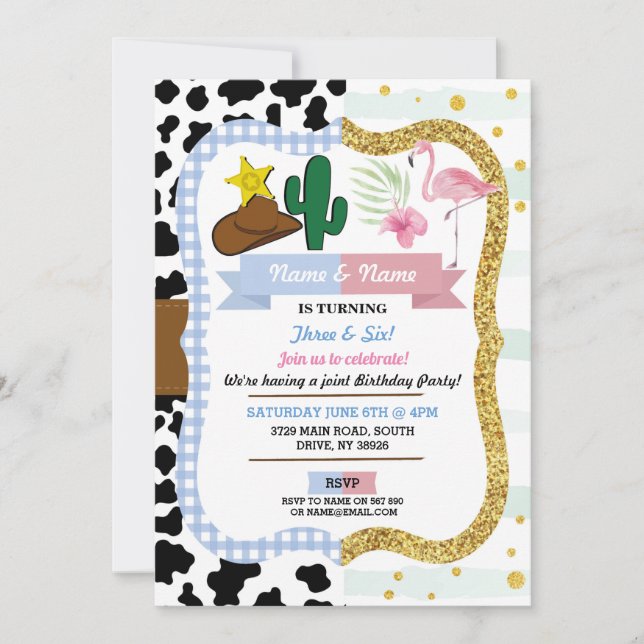 Cowboy & Flamingo Joint Boy Girl Birthday Invitation (Front)