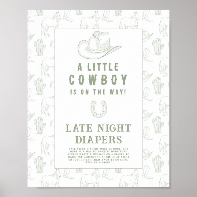 Cowboy green baby shower Late night diapers game Poster (Front)