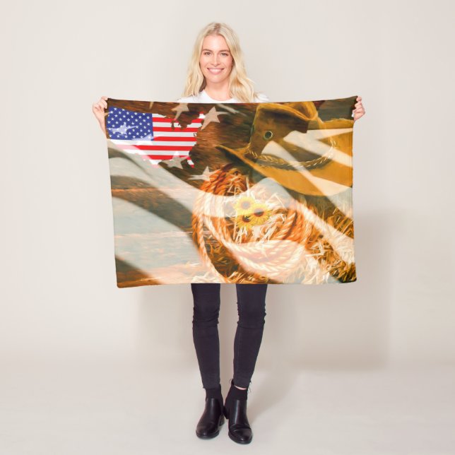 Cowboy Hat American Flag Sunrays Fleece Blanket (In Situ)