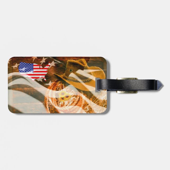 Cowboy Hat American Flag Sunrays Luggage Tag (Back Horizontal)
