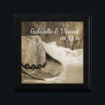 Cowboy Hat and Barn Wood Country Western Wedding Gift Box<br><div class="desc">Customize the charming Cowboy Hat and Barn Wood Country Wedding Gift Box with the personal names of the bride and groom and marriage ceremony date. This rustic chic custom ranch theme trinket box features a digitally enhanced black and white sepia tone photograph of a cowboy hat, white bridal veil and...</div>