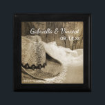 Cowboy Hat and Barn Wood Country Western Wedding Gift Box<br><div class="desc">Customize the charming Cowboy Hat and Barn Wood Country Wedding Gift Box with the personal names of the bride and groom and marriage ceremony date. This rustic chic custom ranch theme trinket box features a digitally enhanced black and white sepia tone photograph of a cowboy hat, white bridal veil and...</div>