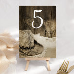 Cowboy Hat and Barn Wood Wedding Table Numbers<br><div class="desc">Customize these charming Cowboy Hat and Barn Wood Country Wedding Table Numbers and create a different card for each table at your marriage reception or barn party bridal shower. Feel free to add text or change the font to suit your event needs. This rustic chic design is perfect for a...</div>