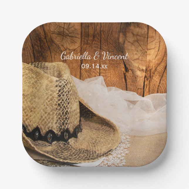 Cowboy Hat and Barn Wood Western Wedding Paper Plate (Front)