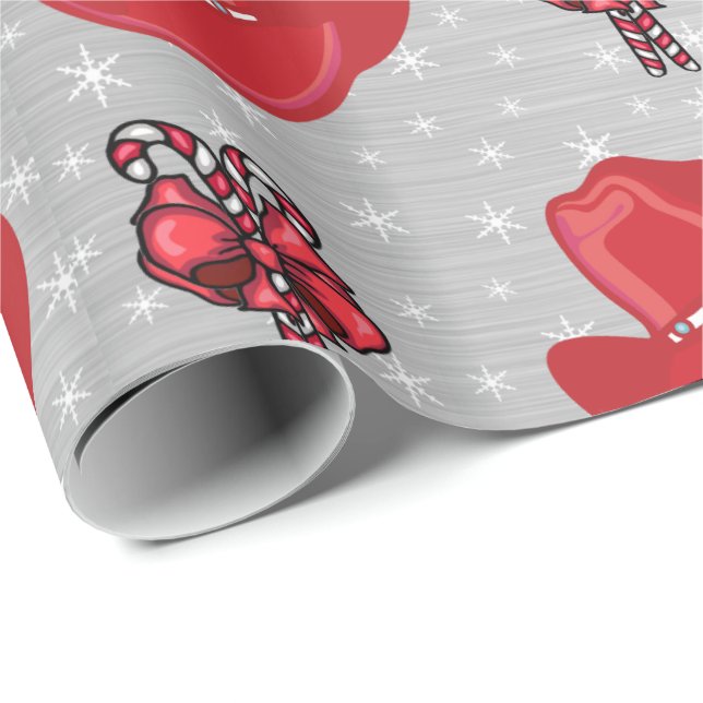 Cowboy Hat and Candy Canes on Silver Christmas Wrapping Paper (Roll Corner)