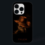 Cowboy Hat and Leather Boots Masculine Personalize Case-Mate iPhone 14 Pro Case<br><div class="desc">A pair of black leather cowboy boots stand on the floor with a brown cowboy hat draped over the top. Personalize by editing the text or delete text for no name.</div>