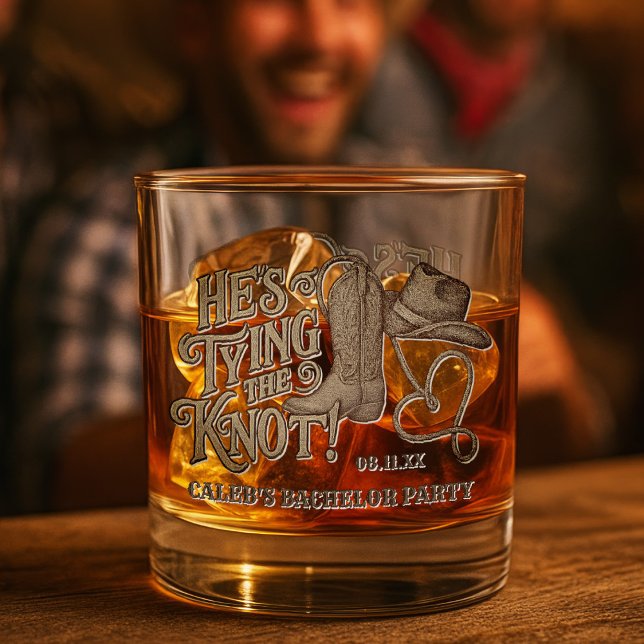 Cowboy Hat Bachelor Party He's Tying the Knot Whiskey Glass (Creator Uploaded)