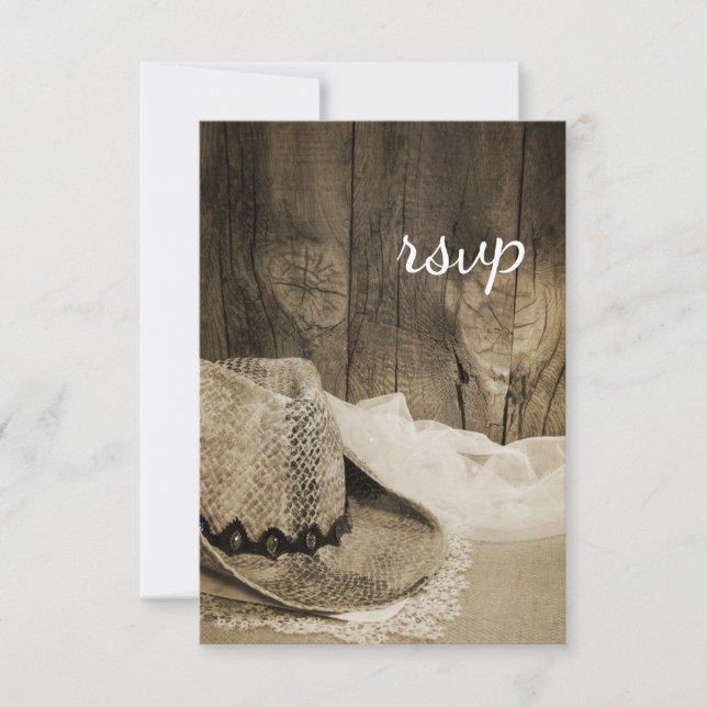 Cowboy Hat Barn Wood Country Wedding RSVP Sepia (Front)