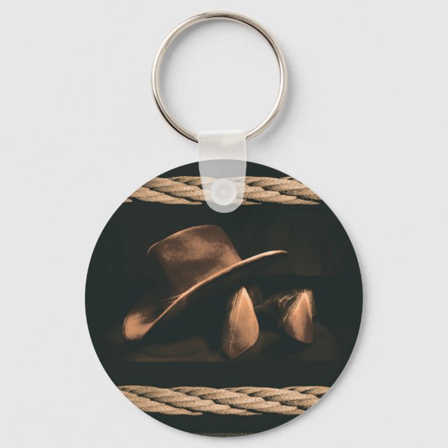Cowboy hat, boots and rope western style masculine keychain (Front)