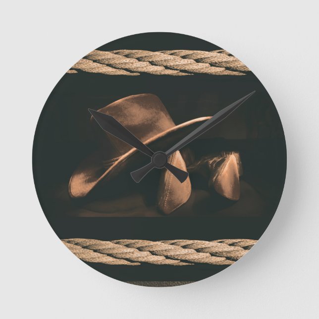Cowboy hat, boots and rope western style masculine round clock (Front)