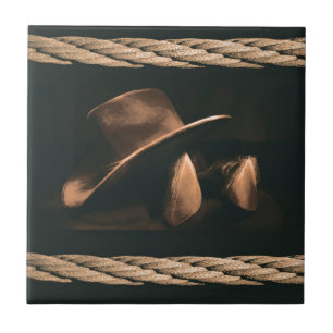 Cowboy hat, boots and rope western style masculine tile
