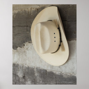 Cowboy hat hanging on wall of log cabin poster