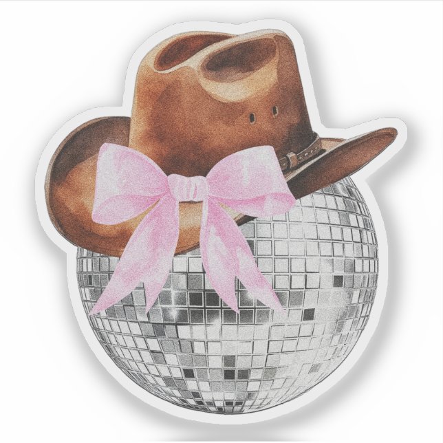 Cowboy Hat Pink Bow Disco Ball Western Sticker (Front)