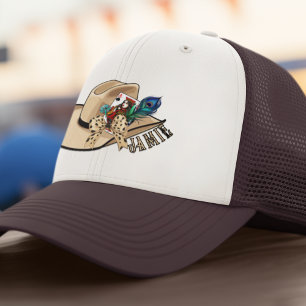 Cowboy Hat Playing Card and Peacock Trucker Hat