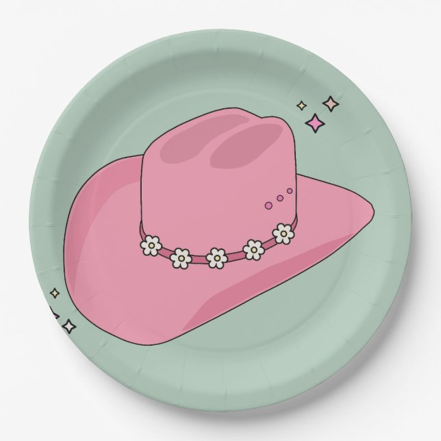 Cowboy Hat Preppy Pink And Green Paper Plate (Front)