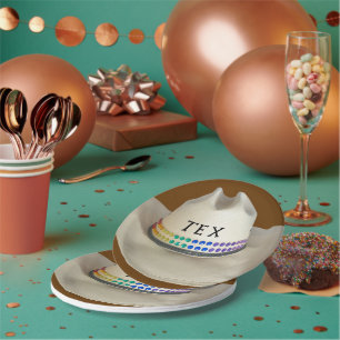 Cowboy hat rhinestones & party name of your choice paper plate