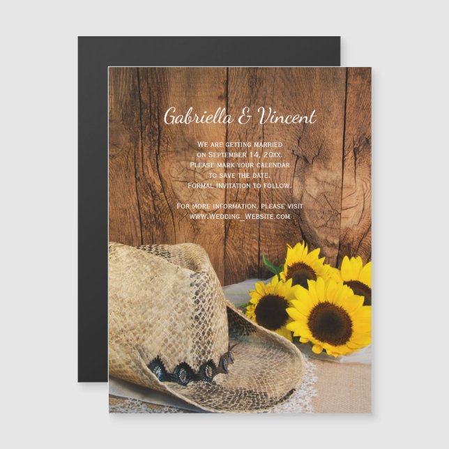Cowboy Hat, Sunflowers Barn Wedding Save the Date Magnetic Invitation (Front/Back)
