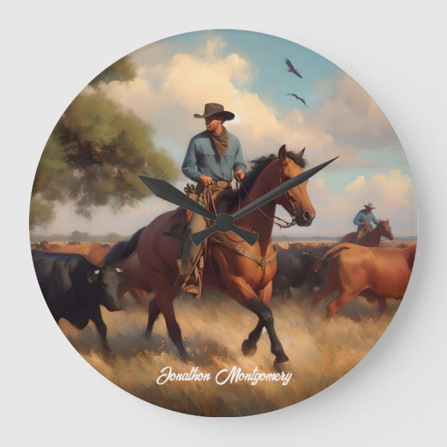Cowboy Herding Cattle on Horseback Large Clock (Front)
