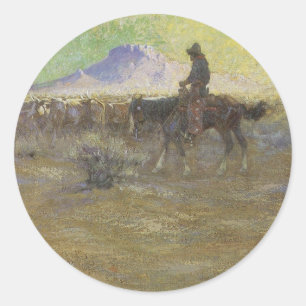 Cowboy Herding Cattle on the Range by Lon Megargee Classic Round Sticker
