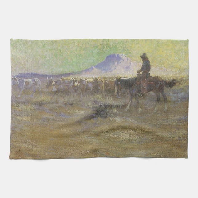 Cowboy Herding Cattle on the Range by Lon Megargee Kitchen Towel (Horizontal)