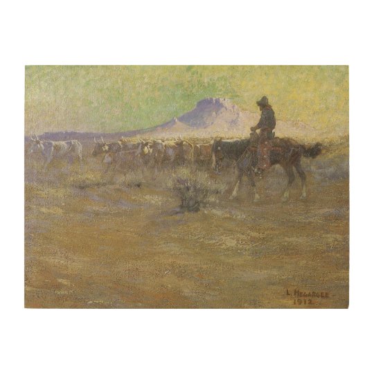Cowboy Herding Cattle on the Range by Lon Megargee Wood Wall Art