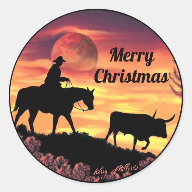 Cowboy Herding Longhorn Steer Classic Round Sticker (Front)