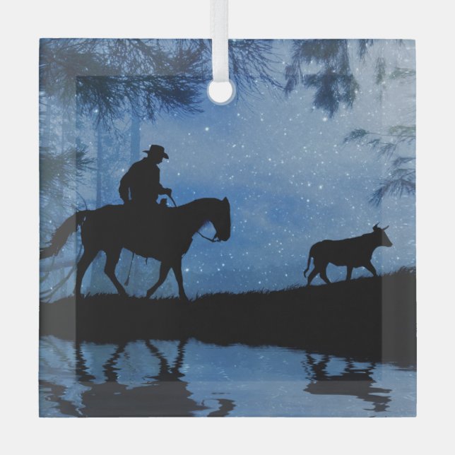 Cowboy Horse and Steer Christmas Country Western Glass Ornament (Front)