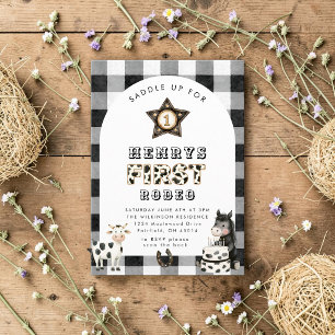 Cowboy Horse Buffalo Plaid First Rodeo Invitation