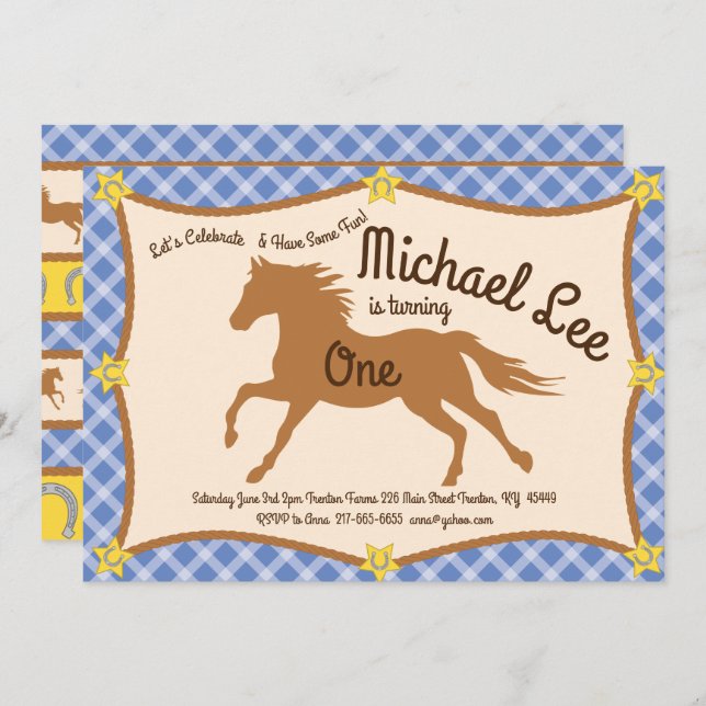 Cowboy Horse Pony Invitations d'anniversaire (Devant / Derrière)