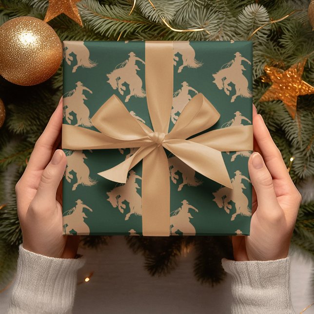 Cowboy Horse Western On Dark Green Christmas Wrapping Paper (Creator Uploaded)
