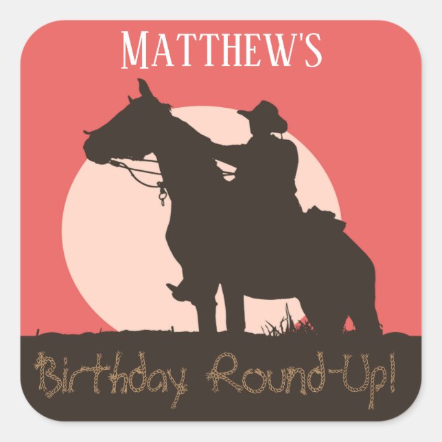Cowboy Horseback Riding Birthday Party Square Sticker (Front)