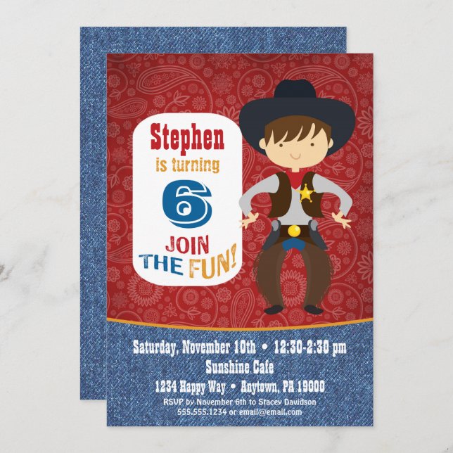 Cowboy Invitation Anniversaire Garçon Rodeo Wester (Devant / Derrière)