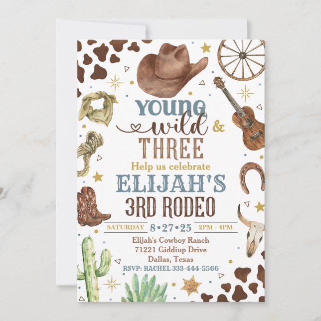 Cowboy Invitation, Young Wild and Three, 3rd Rodeo Invitation (Front)