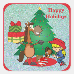 Cowboy Kids And Horse Cartoon Holiday Sticker