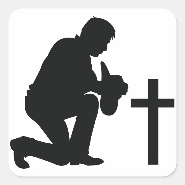 Cowboy Kneeling at Cross Square Sticker (Front)