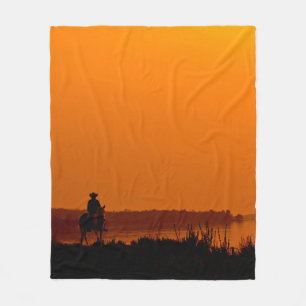 Cowboy Men horse riding at sunset Vintage west Fleece Blanket