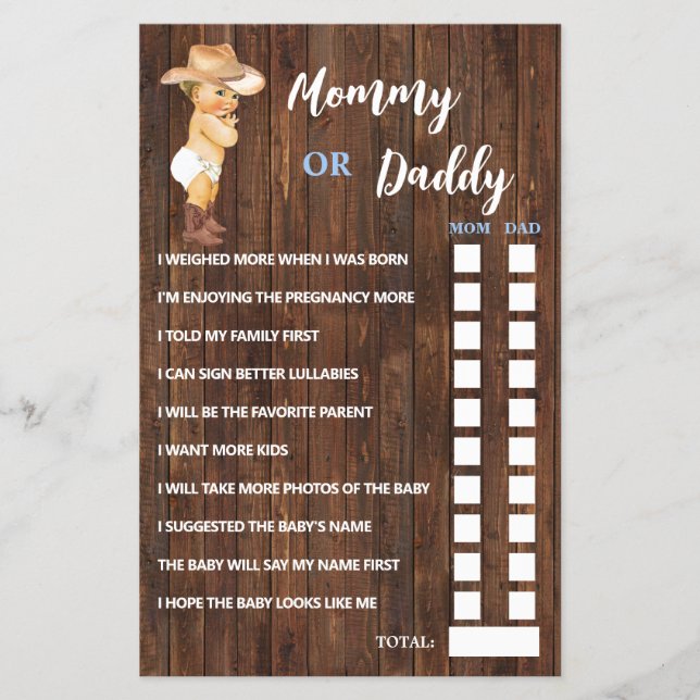 Cowboy Mom or Dad Said Baby Shower Game Card (Front)