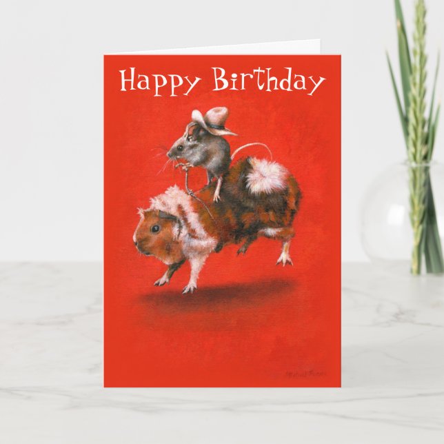 Cowboy Mouse Riding Guinea Pig Birthday Card (Front)