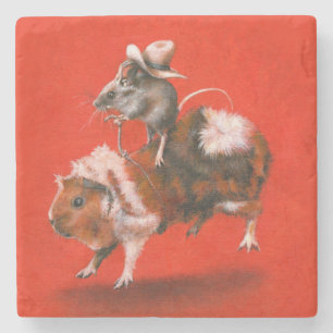 Cowboy Mouse Riding Guinea Pig Stone Coaster
