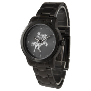 Cowboy on a Horse Black Face White Numerals Watch