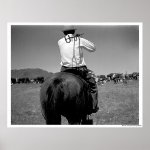 Cowboy on a horse with two brands. poster