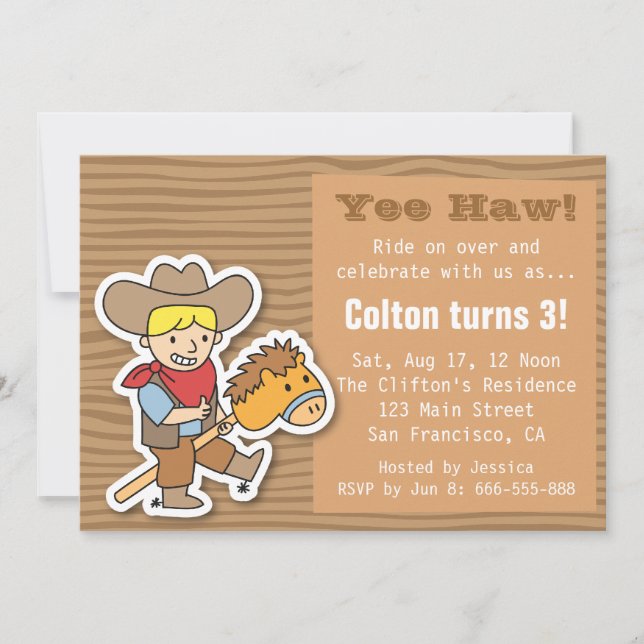 Cowboy on a Pony Stick Boys Birthday Party Invitation (Front)