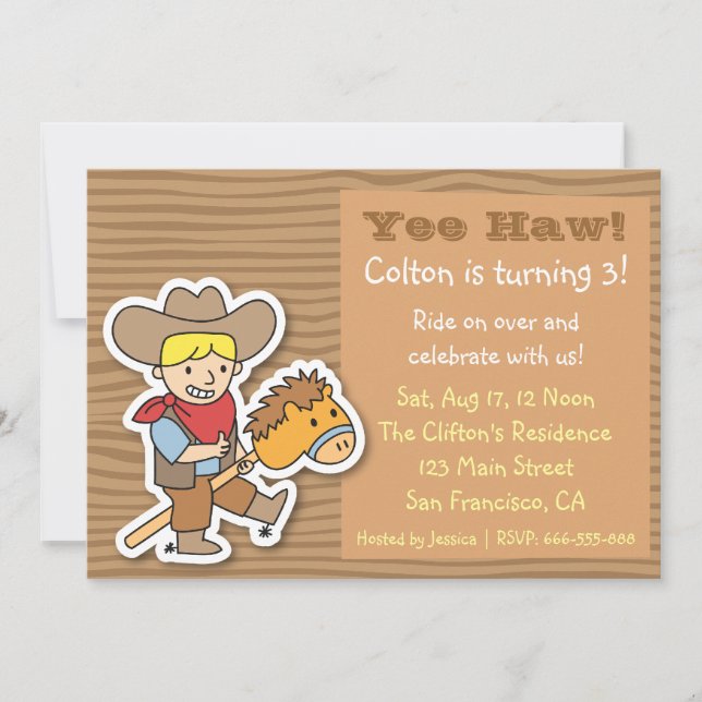Cowboy on a Pony Stick Theme Birthday Party Invitation (Front)