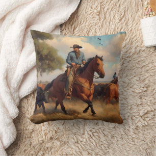 Cowboy on Bay Horse Throw Pillow