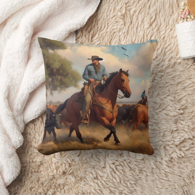 Cowboy on Bay Horse Throw Pillow (Blanket)